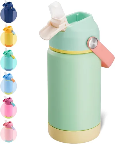Miniatura 15 de Kerilyn - Botella de agua para niños, de acero inoxidable, con pajilla a prueba de fugas, con aislamiento térmico, libre de bisfenol A, unisex