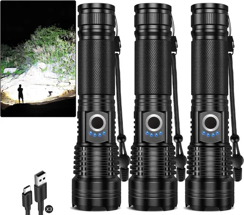 Paquete de 3 linternas recargables, 990,000 lúmenes, linterna LED súper brillante, 5 modos de luz, carga rápida, IPX7 impermeable para acampar en