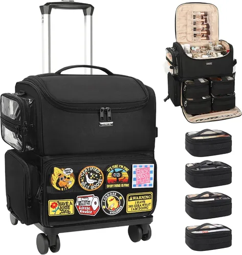 Miniatura 11 de Relavel Estuche de tren de maquillaje rodante, estuche de cosmetología sobre ruedas con 4 bolsas transparentes, bolsas profesionales para Negro