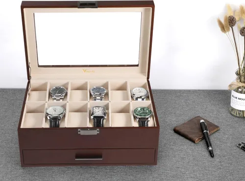Miniatura 6 de Voova Joyero organizador de cajas de reloj para hombres y mujeres 2 capas grandes de 12 ranuras de piel sintética estuche de almacenamiento