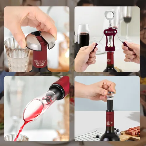 Miniatura 4 de Beneno Juego de regalo multifuncional para abrebotellas de vino, sacacorchos de ala, cortador de lámina, tapón al vacío y vertedor aireador, Rojo