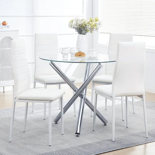 Miniatura 10 de Juego de mesa de comedor redonda negra para 2, mesa de cocina de vidrio templado con 2 sillas de piel sintética, juego de comedor de 5 piezas