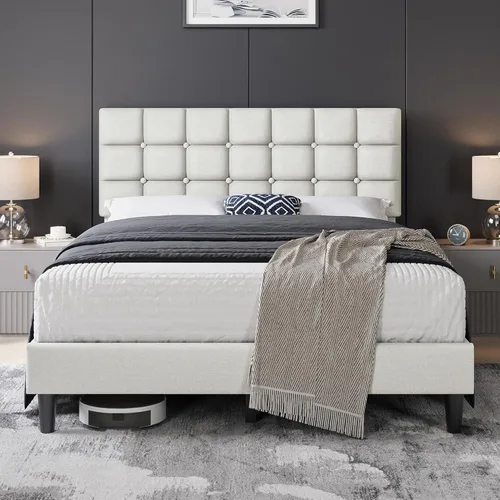 Yaheetech Marco de Cama Tapizado, Plataforma de Cama Queen Moderna con Cabecera de Capitoné con Costuras Cuadradas y Botones, Altura Ajustable, Beige