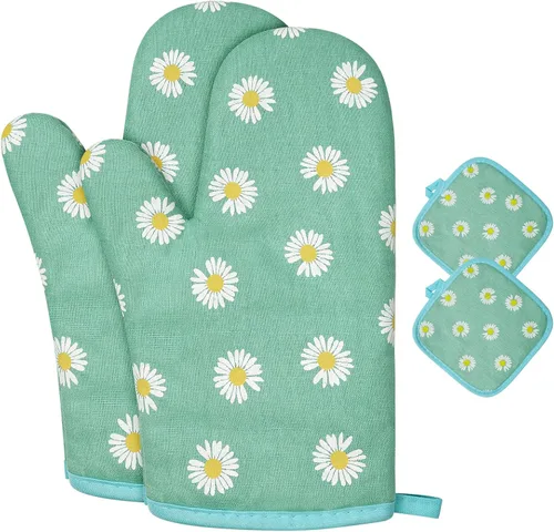 Miniatura 13 de AUAUY Guantes de horno y soportes para ollas Juego de 6 piezas, guantes de cocina resistentes a 392°F y almohadillas térmicas, guantes para hornear