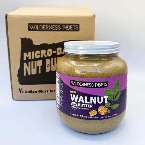Wilderness Poets Mantequilla de nuez con anacardos, mantequilla de nuez cruda orgánica, medio galón (64 onzas), tarro de vidrio de 4 libras
