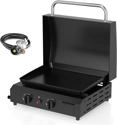 Plancha de gas para barbacoa de 2 quemadores con capucha, parrilla de propano desmontable portátil de acero inoxidable de 17.3 pulgadas, 60.000 BTU