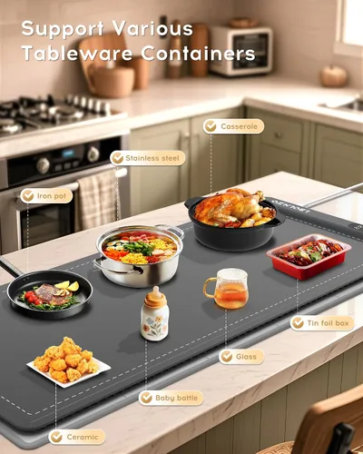 Miniatura 7 de Tapete de calentamiento para alimentos, extra grande, 36 x 16 pulgadas, 580 W, con almohadilla resistente al calor, platos para bufé, 6