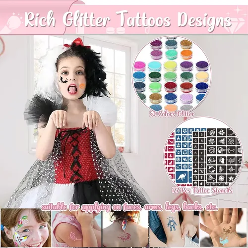 Miniatura 2 de TEUVO Kit de tatuaje con purpurina para niños con 50 colores, 177 plantillas, 25 calcomanías de patrones mixtos (colores/luminosos), 2 calcomanías