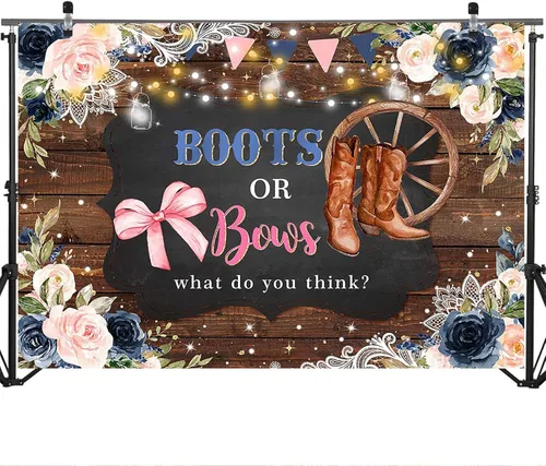 Miniatura 3 de Mocsicka Fondo para revelación de género, botas o lazos, de madera rústica, floral, decoración de fiesta de baby shower, fondo de revelación