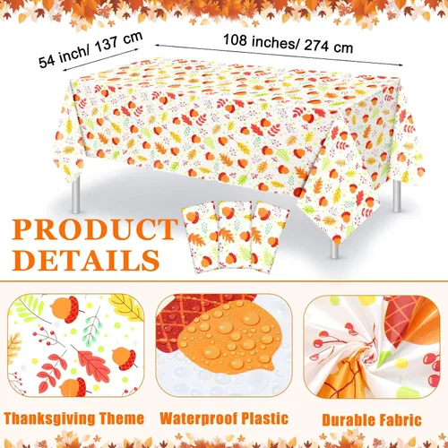 Miniatura 2 de Newwiee Paquete de 3 manteles de Acción de Gracias de 108 x 54 pulgadas, manteles de plástico desechables de otoño, mantel rectangular impermeable