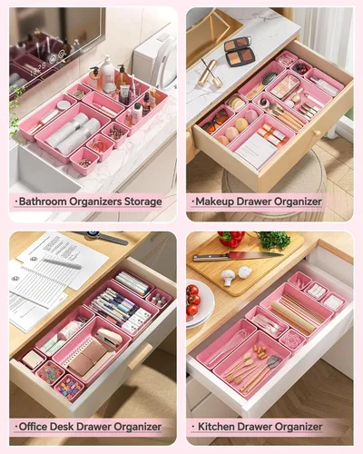 Miniatura 4 de KEMETHY Juego de 25 organizadores de cajones de plástico, 4 tamaños, organizador de tocador, bandejas organizadoras de cajones de maquillaje y Rosa