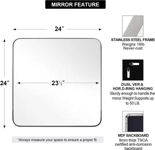 Miniatura 2 de ANDY STAR Espejo cuadrado de níquel cepillado para baño, espejo de pared de marco de metal plateado de 24”x24”, espejo de acero inoxidable