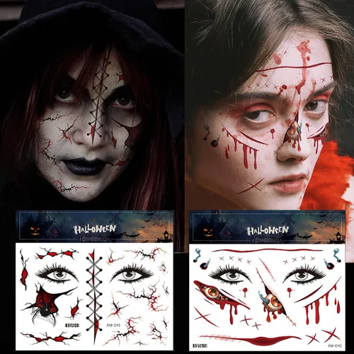 Miniatura 4 de Más de 260 piezas de 36 hojas de tatuajes falsos para Halloween, tatuajes de maquillaje de zombies temporales realistas, tatuajes de cicatrices