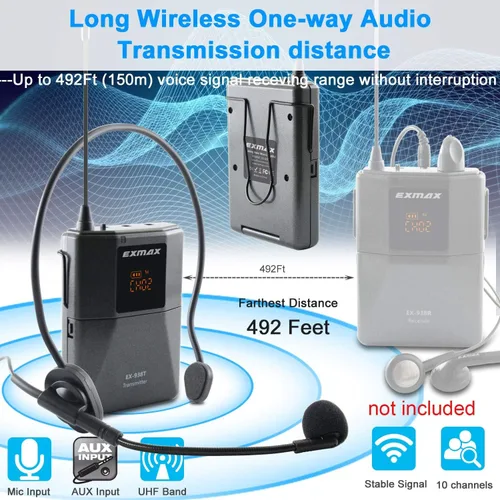 Miniatura 3 de EXMAX EX-938 Micrófono Inalámbrico Auricular Guía Turística Sistema Intérprete Transmisor Transmisor Traductor en su Oído para Traducción Iglesia