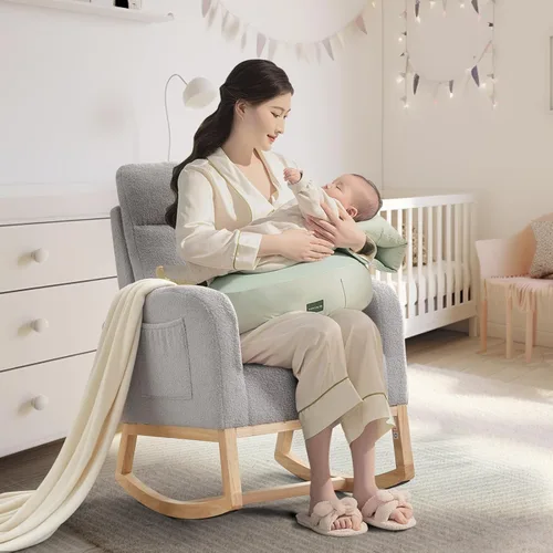 Miniatura 7 de Mecedora para guardería, moderna mecedora tapizada con bolsillo lateral, respaldo alto, asiento acolchado para sala de estar, guardería, dormitorio