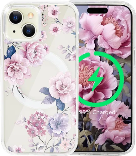 Miniatura 50 de Funda magnética de flores para iPhone 15 [compatible con MagSafe] Bonito patrón floral transparente a prueba de golpes