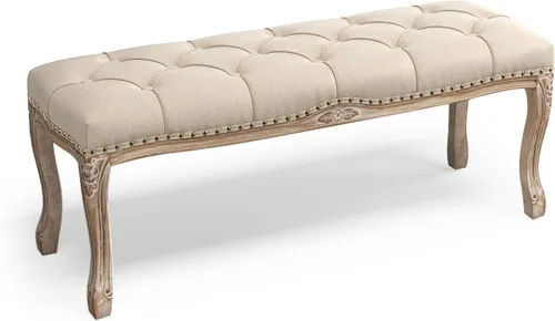 Cozyman Banco de Dormitorio, Banco de Entrada Estilo Vintage Francés Capitoné, Banco Tapizado Tallado de 45.2" para el Extremo de la Cama con Patas