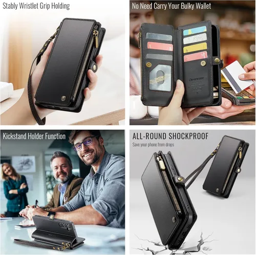 Miniatura 3 de Defencase Funda compatible con Galaxy A14 5G con tarjetero de bloqueo RFID para mujeres y hombres, correa magnética de piel sintética con cierre