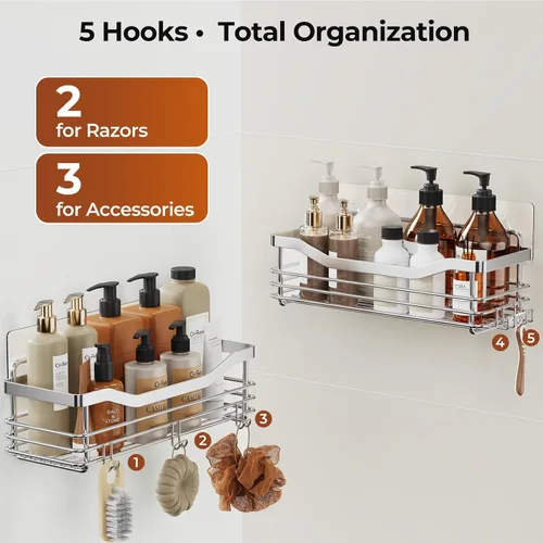 Miniatura 9 de Orimade Cesta de ducha con 5 ganchos, organizador de baño, estante de almacenamiento de cocina, adhesivo montado en la pared, sin perforaciones