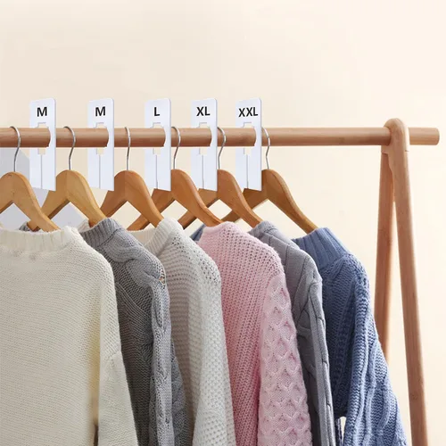 Miniatura 6 de Paquete de 40 separadores rectangulares de plástico blanco para perchas de armario por tallas de ropa, preimpresos en 8 tallas XXS, XS, S, M, L, XL