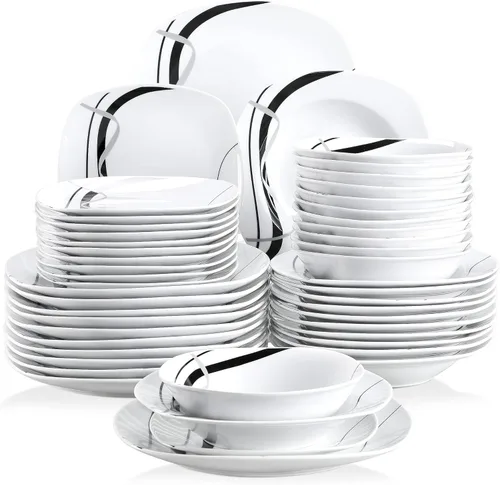 Miniatura 33 de VEWEET, Serie Fiona - Juego de vajilla de 30 piezas para 6 personas, blancos con rayas negras y grises, vajilla de porcelana de platos de postre