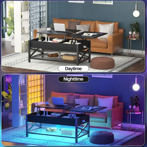 Miniatura 6 de Aheaplus Mesa de Centro Elevable Negra con Luz LED, Tomas de Corriente y Estante de Almacenamiento, 41.7"An x 19.69"L x 19.7"Al
