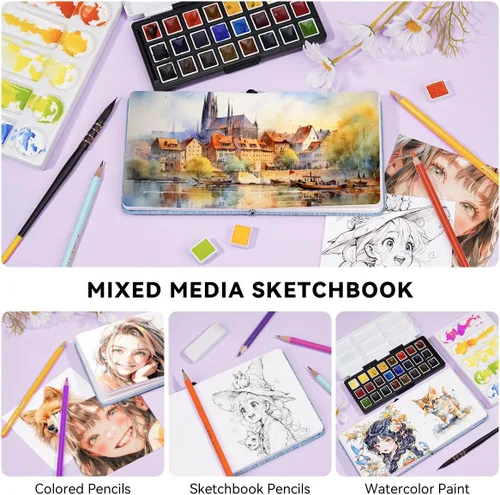 Miniatura 3 de Cuaderno de acuarela cuadrado Lightwish, 100% algodón, 300 g/m²/140 lb, sin ácidos, libro de bocetos de acuarela prensado en frío de 24 hojas