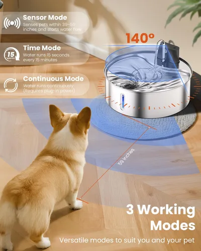 Miniatura 3 de Fuente de agua inalámbrica para perros grandes, fuente de agua de acero inoxidable de 12L/3.2 galones con sensor, bomba silenciosa, dispensador