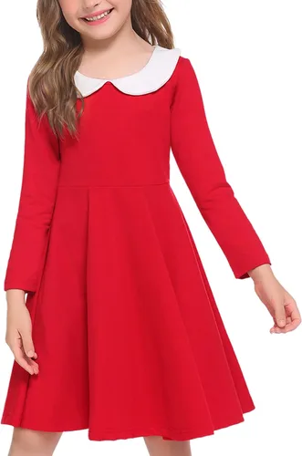 Arshiner Vestido de manga larga para niñas, casual, vintage, con cuello de Peter Pan, vestido de fiesta con vuelo, de 3 a 14 años