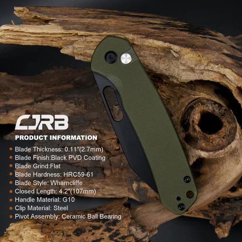 Miniatura 2 de CJRB Pyrite-Alt (J1925A) Cuchillo de bolsillo plegable con 3.11 pulgadas PVD negro AR-RPM9 Wharncliffe Blade Green G10, cuchillo EDC con bloqueo