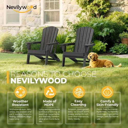 Miniatura 4 de nevilywood Silla Adirondack plegable – Respaldo ergonómico extendido, portavasos – Fácil montaje – Plástico HDPE duradero, resistente a