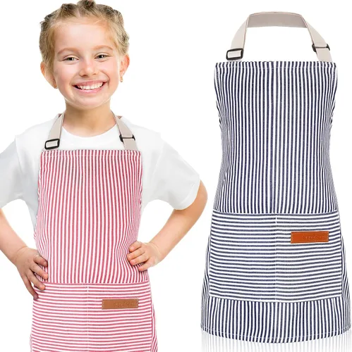 Miniatura 8 de Jiuguva 2 piezas de delantal para niños ajustable de algodón para niños pequeños con rayas de chef con 2 bolsillos para hornear para niños