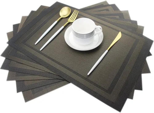 Miniatura 20 de Juego de 6 manteles individuales de plástico lavables para mesa de cocina, resistentes al calor, de vinilo tejido, para exteriores, 12 x 18 Dorado