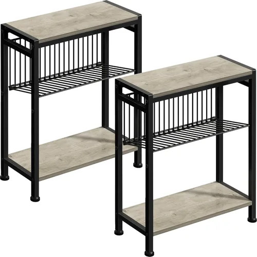 Miniatura 11 de Mesa auxiliar pequeña para espacios pequeños, mesa auxiliar estrecha de 3 niveles con portarevistas, mesita de noche delgada, mesa delgada para Gris