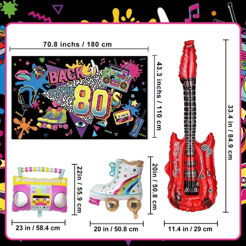 Miniatura 3 de Decoraciones de fiesta de los años 80, suministros para fiesta de cumpleaños de los 80, incluye telón de fondo, pancarta, espirales colgantes