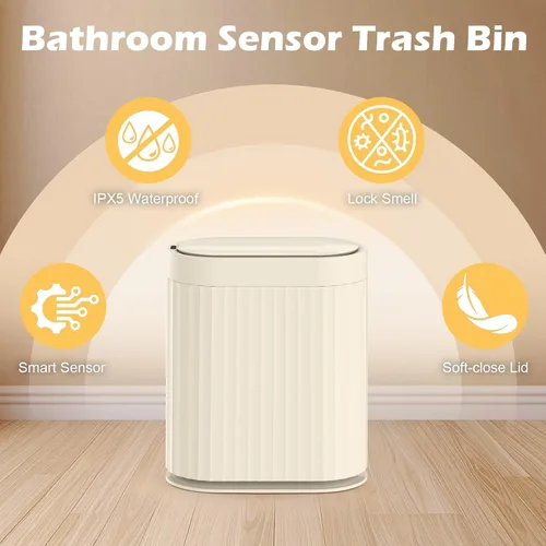 Miniatura 5 de ELPHECO Bote de basura con sensor de 2 galones, resistente al agua IPX5 con sensor de movimiento, cubo de basura automático para baño, oficina, Beige