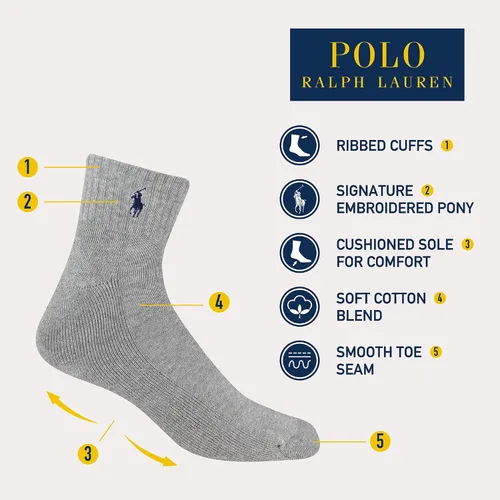 Miniatura 2 de POLO RALPH LAUREN Calcetines tobilleros clásicos deportivos para hombre, paquete de 6 pares, algodón acolchado atlético, Gris jaspeado surtido