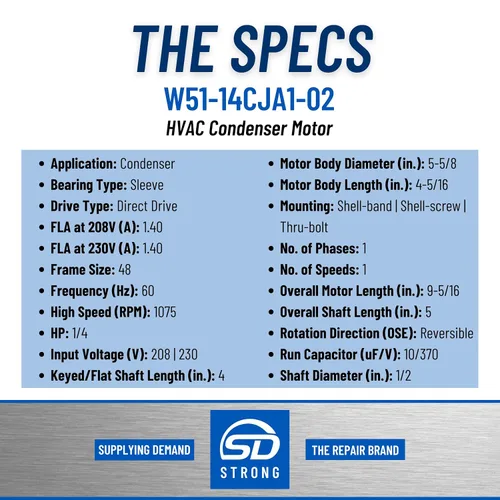 Miniatura 2 de Supplying Demand W51-14CJA1-02 Motor condensador HVAC 1/4 HP 1 Fase 1 Velocidad 208/230V 1075 RPM debe coincidir con las especificaciones del motor