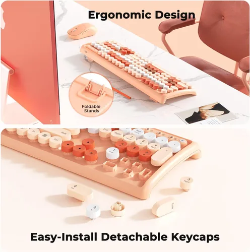 Miniatura 6 de Coloridos teclados inalámbricos de computadora, mouse combinados, teclado retro de tamaño completo, mouse inalámbrico ajustable DPI de 4 niveles