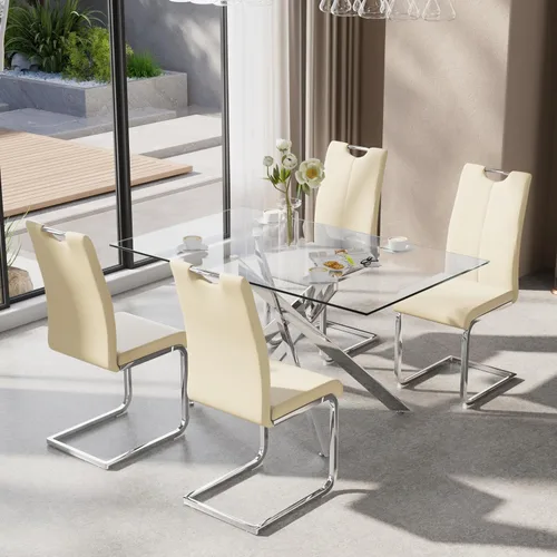 Miniatura 12 de Juego de mesa de comedor de 5 piezas para 4, mesa rectangular moderna de cristal con 4 sillas tapizadas de cuero, juegos de mesa y sillas de comedor