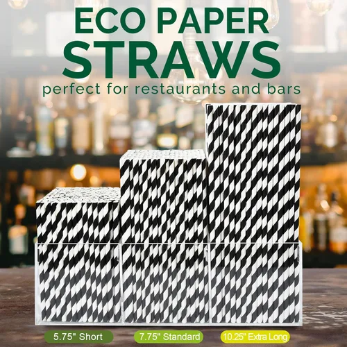 Miniatura 5 de 500 unidades Chunspak 14,6 cm pajitas de papel desechables cortas ecológicas a granel para cóctel, bebidas mixtas - Rayas negras y blancas