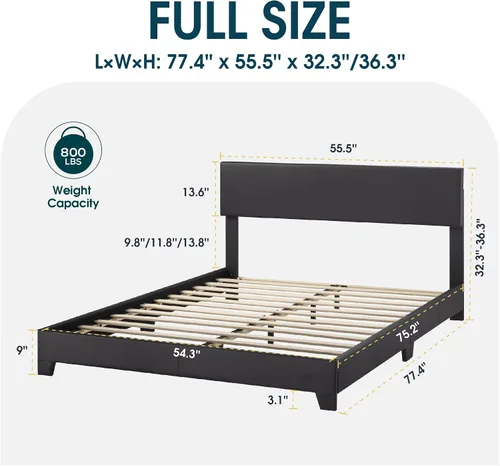Miniatura 2 de WEEWAY Base de cama de plataforma tapizada completa con cabecero ajustable y listones de madera fuertes, base de colchón resistente, no necesita
