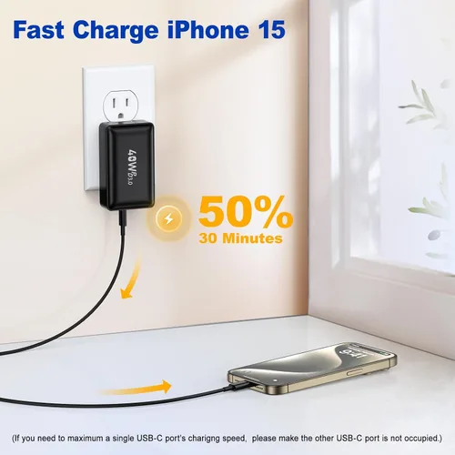 Miniatura 3 de Bloque de cargador USB C, 40 W, plano de 4 puertos, enchufe de pared USB de doble PD QC, adaptador de corriente de viaje de carga rápida multipuerto