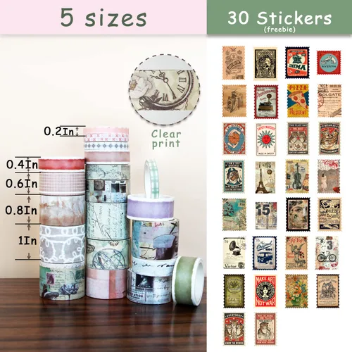 Miniatura 2 de Juego de 20 rollos de cinta washi vintage y 30 calcomanías antiguas para pósteres de periódico, cinta adhesiva estética para suministros de álbumes