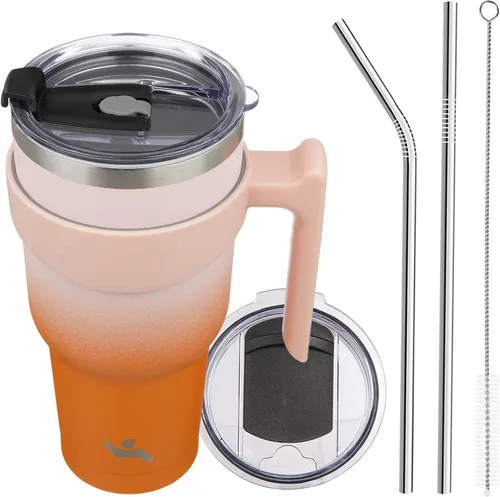 Miniatura 61 de Konokyo - Vaso de 10 onzas con asa y 2 popotes, 2 tapas, botella de agua aislada de acero inoxidable, taza de viaje reutilizable, color verde militar