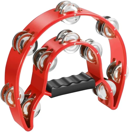 Miniatura 9 de Flexzion - Pandereta de metal en forma de media luna con sonajas de doble fila, instrumentos de percusión de mano con mango ergonómico, panderetas