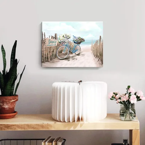 Miniatura 4 de Lienzo de playa para baño, imágenes del océano, impresión de lienzo de bicicleta junto al mar, pintura enmarcada de paisaje marino, verde azulado