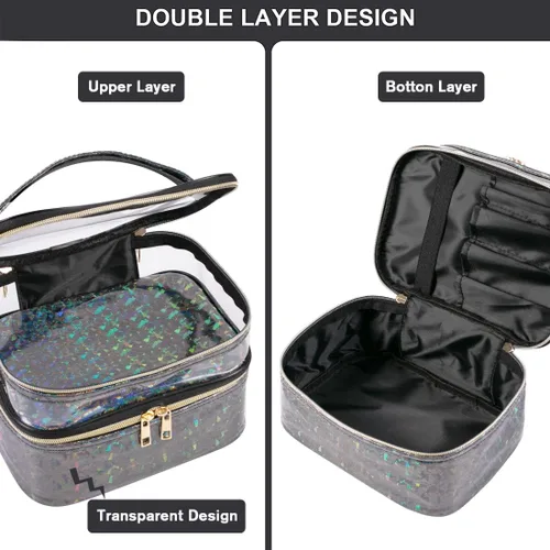 Miniatura 3 de FITINI 3 piezas de bolsas de maquillaje de doble capa, organizador de grandes estuches de cosméticos de viaje, bolsas de aseo impermeables, pequeña
