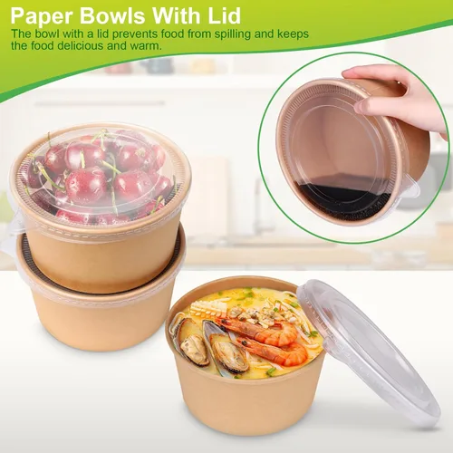Miniatura 5 de Greensight Cuencos de papel grandes de 32 onzas con tapas, paquete de 50 unidades, desechables, biodegradables para ensaladas, sopas, alimentos
