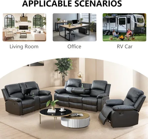 Miniatura 7 de Conjunto de sofá para sala de Estar, sillón reclinable de cuero transpirable, sofá de 3 plazas para cine en casa con portavasos para apartamento